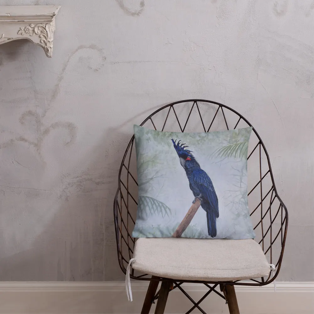  Palm Cockatoo Pillow front on chair by Robyn Cockburn