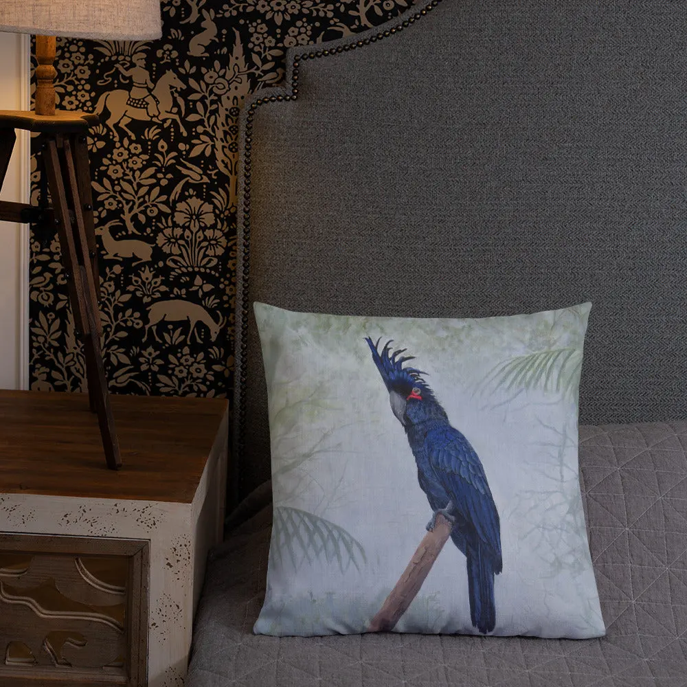 Palm Cockatoo Pillow front on bed by Robyn Cockburn