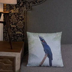 Palm Cockatoo Pillow front on bed by Robyn Cockburn