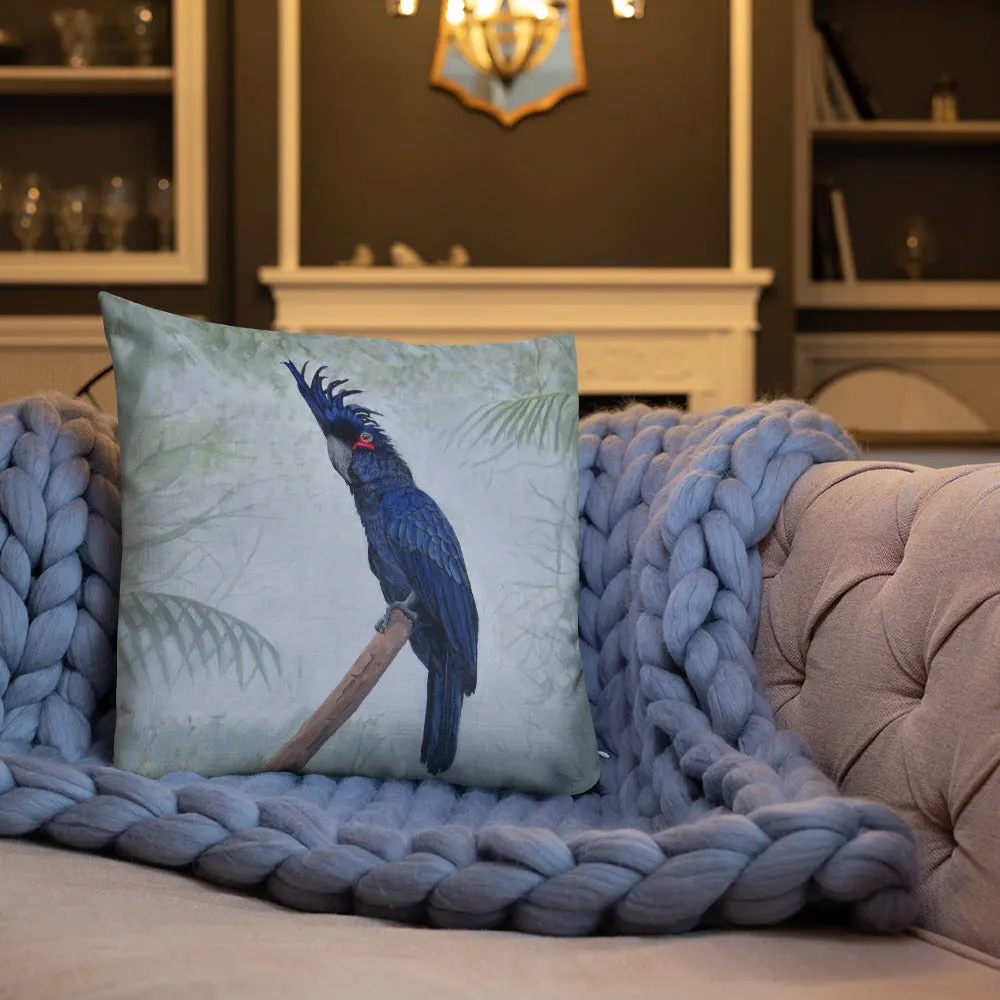 Palm Cockatoo Pillow front on couch by Robyn Cockburn