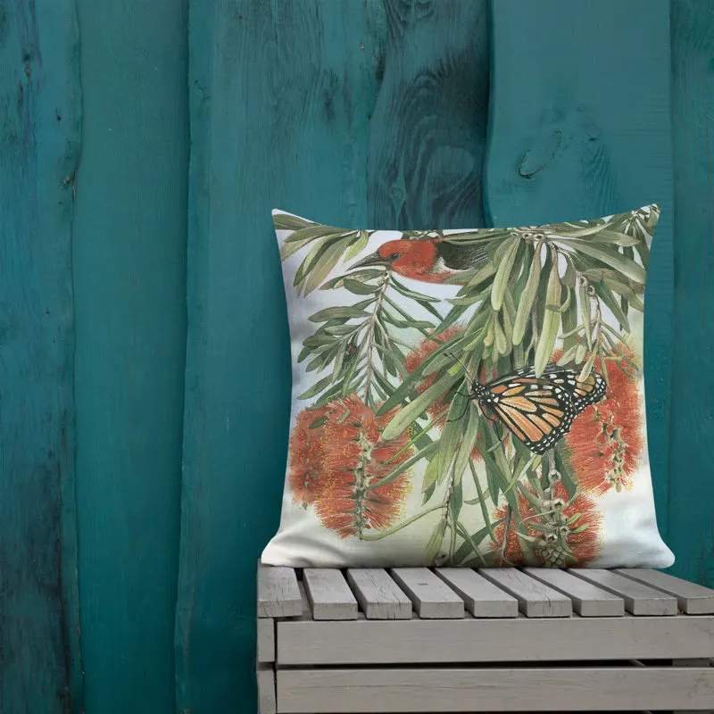 Pillow - Scarlet honey-eater and Monarch butterfly by Sandra Temple