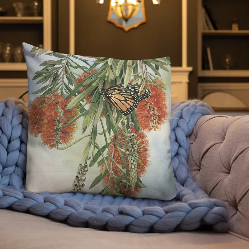 Pillow - Scarlet honey-eater and Monarch butterfly by Sandra Temple
