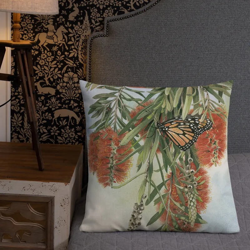 Pillow - Scarlet honey-eater and Monarch butterfly by Sandra Temple