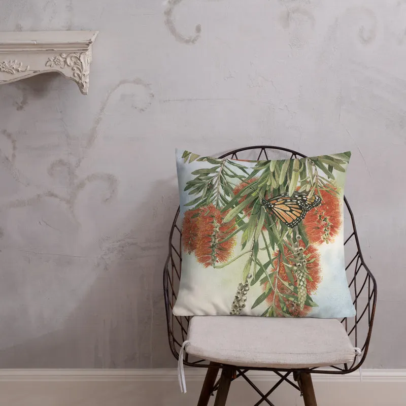 Pillow - Scarlet honey-eater and Monarch butterfly by Sandra Temple
