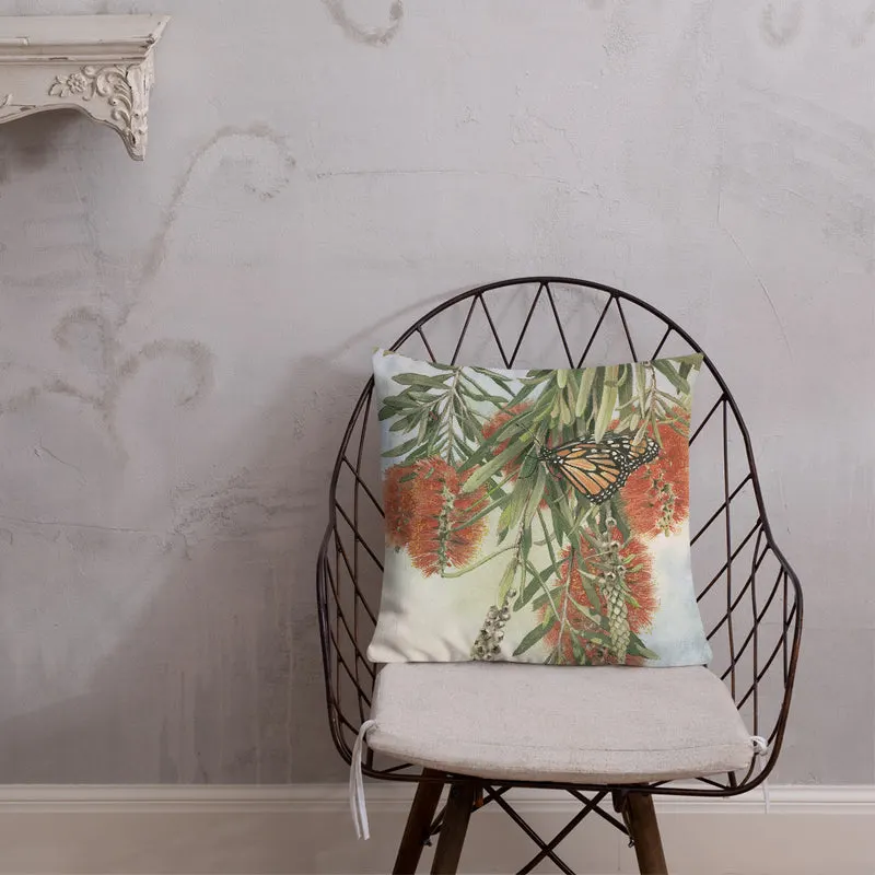 Pillow - Scarlet honey-eater and Monarch butterfly by Sandra Temple